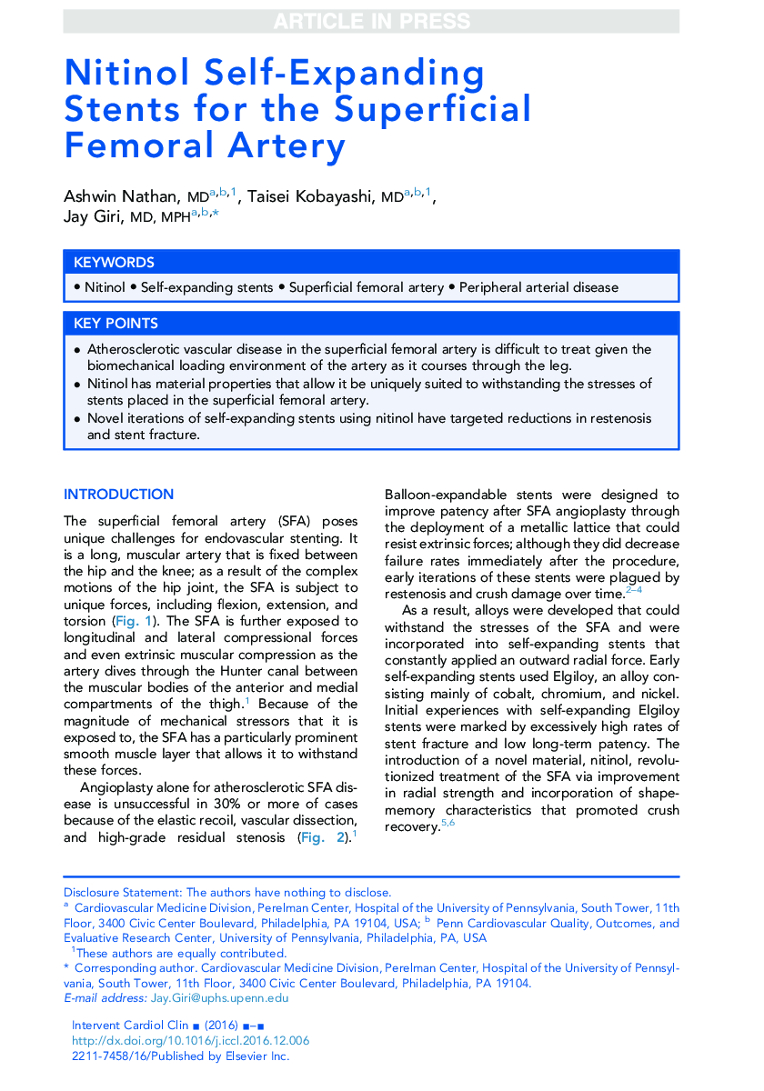 Nitinol Self-Expanding Stents for the Superficial Femoral Artery