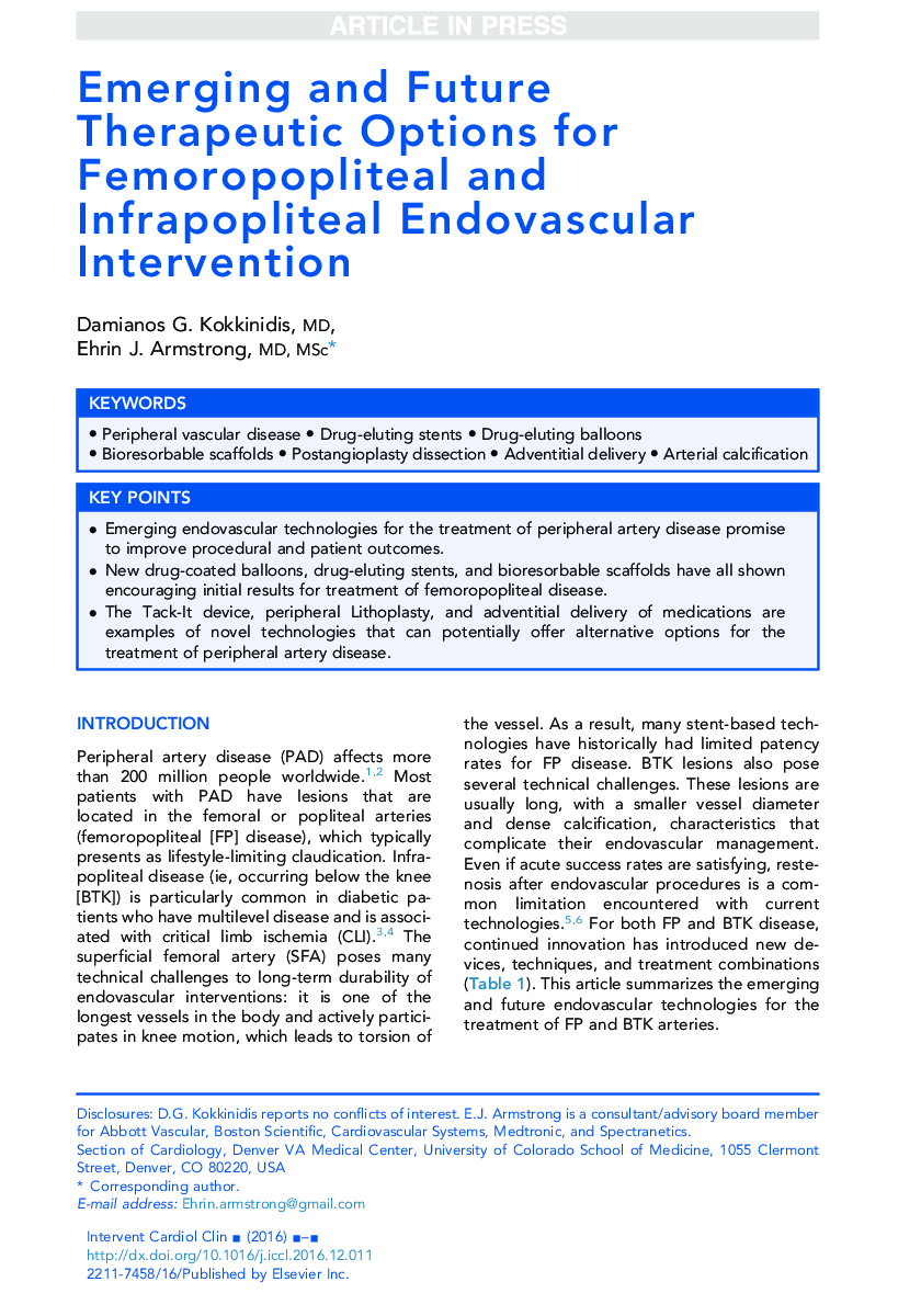 Emerging and Future Therapeutic Options for Femoropopliteal and Infrapopliteal Endovascular Intervention