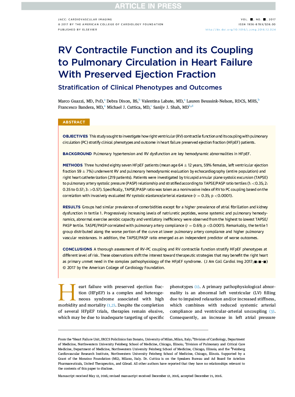 RV Contractile Function and its Coupling to Pulmonary Circulation in Heart Failure With PreservedÂ EjectionÂ Fraction