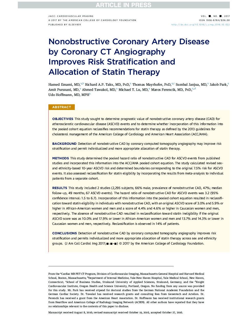 Nonobstructive Coronary Artery Disease by Coronary CT Angiography ImprovesÂ Risk Stratification and AllocationÂ of StatinÂ Therapy