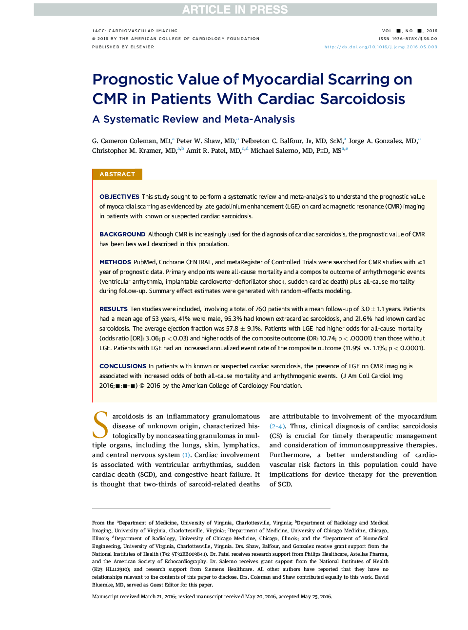 Prognostic Value of Myocardial Scarring on CMR in Patients With Cardiac Sarcoidosis