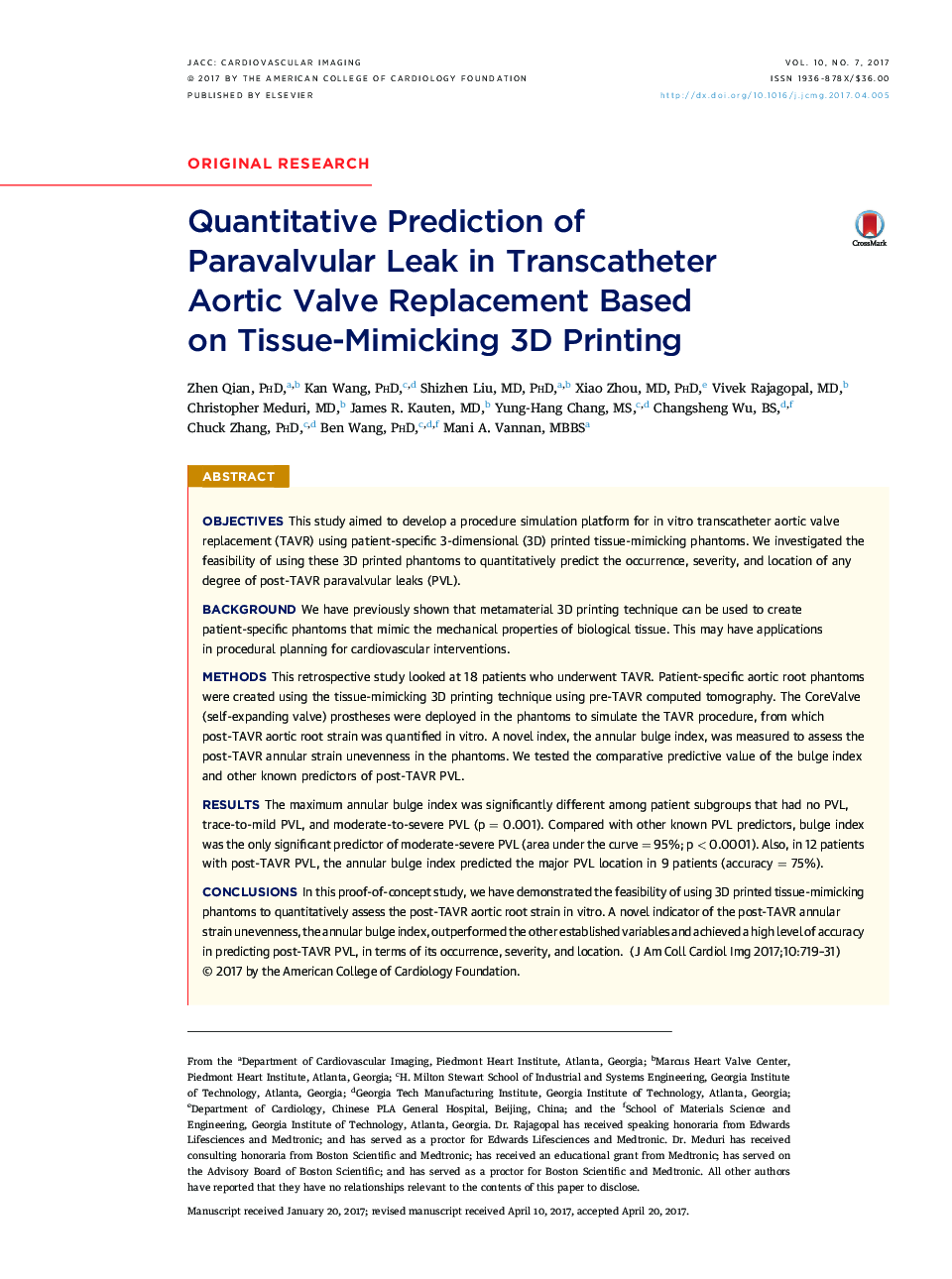 Quantitative Prediction of ParavalvularÂ Leak in Transcatheter AorticÂ Valve Replacement Based onÂ Tissue-Mimicking 3D Printing