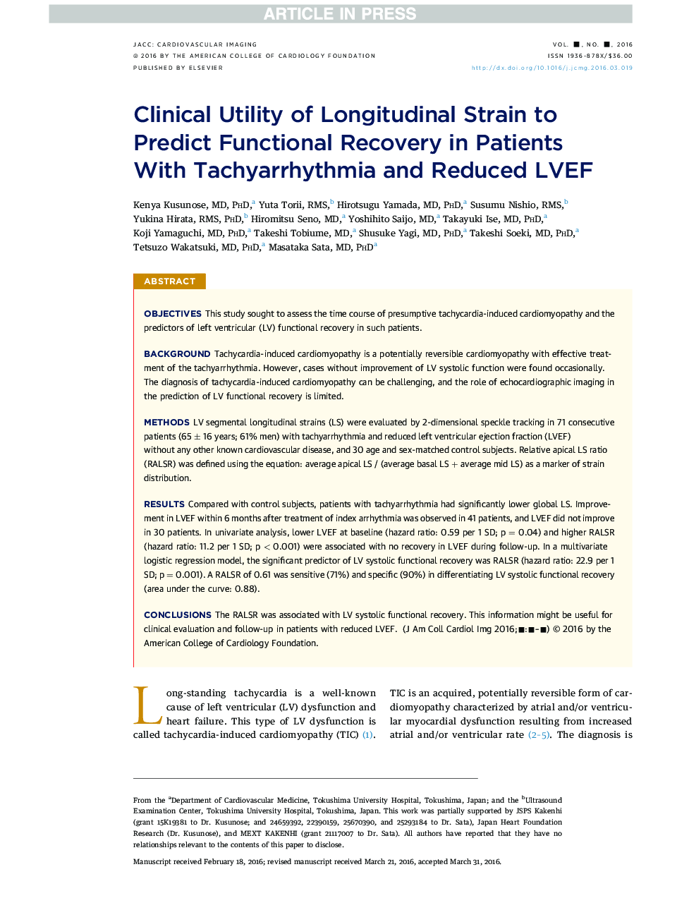 Clinical Utility of Longitudinal Strain to Predict Functional Recovery in Patients WithÂ Tachyarrhythmia and Reduced LVEF