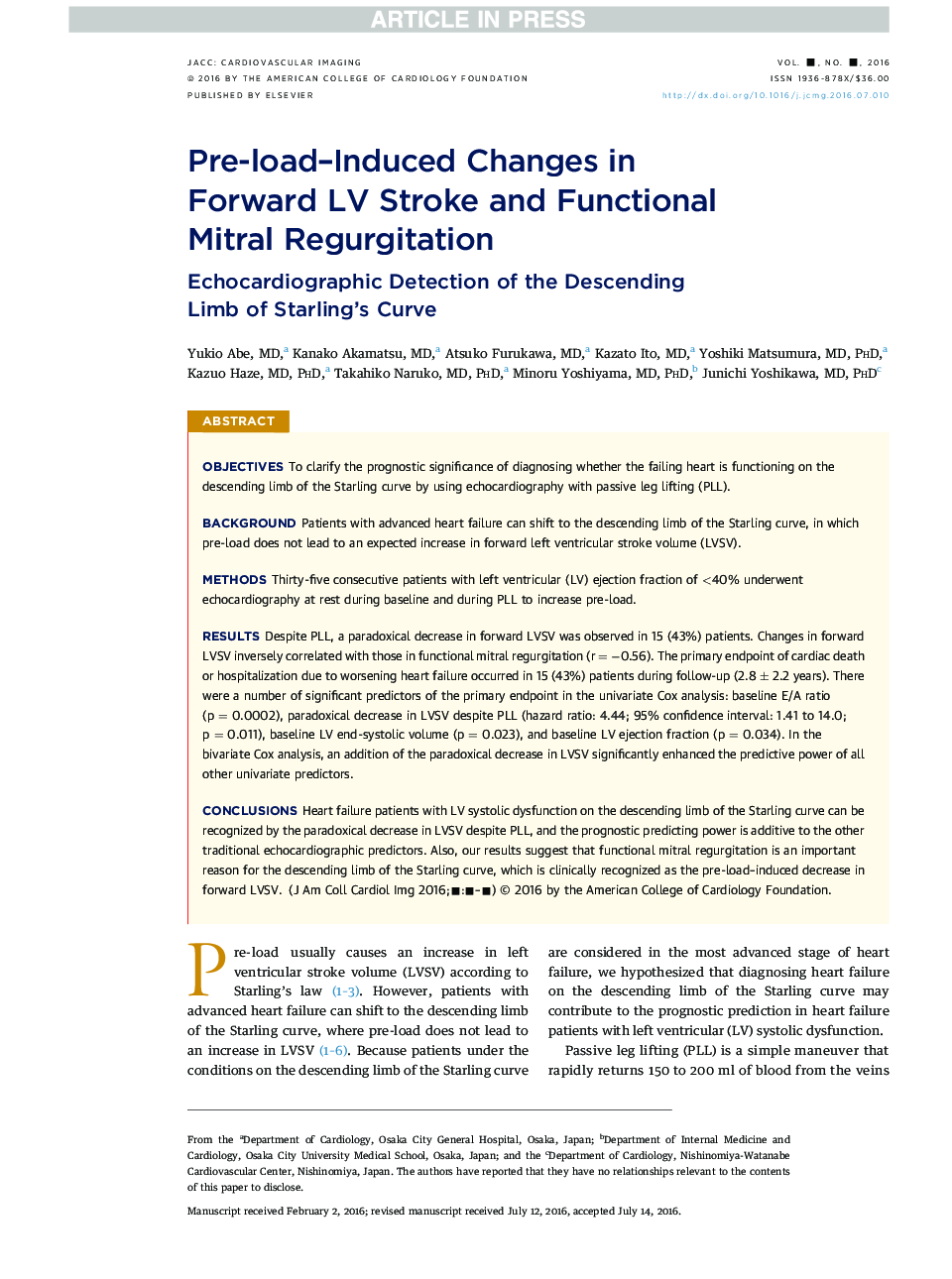 Pre-Load-Induced Changes in Forward LV Stroke and Functional MitralÂ Regurgitation