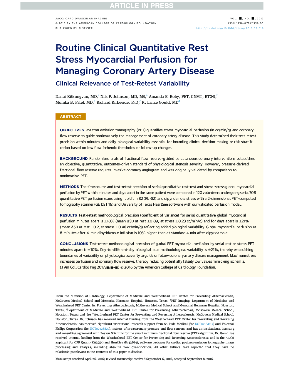 Routine Clinical Quantitative Rest Stress Myocardial Perfusion for Managing Coronary Artery Disease