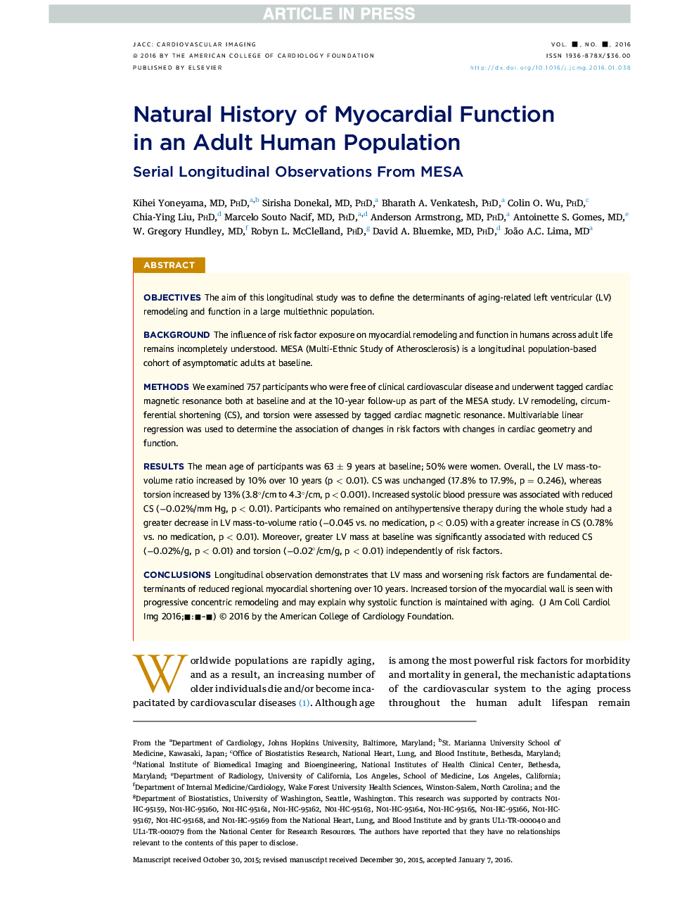 Natural History of Myocardial Function inÂ an Adult Human Population