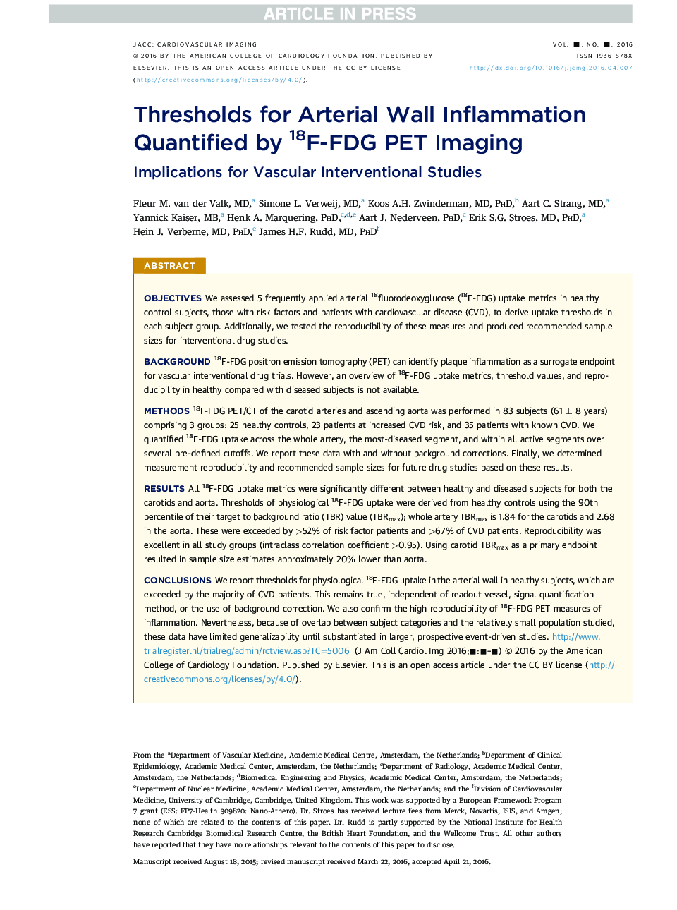 Thresholds for Arterial Wall Inflammation Quantified by 18F-FDG PET Imaging