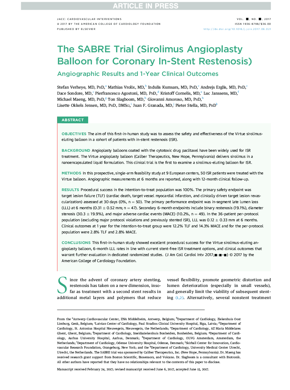 The SABRE Trial (Sirolimus Angioplasty Balloon forÂ Coronary In-Stent Restenosis)