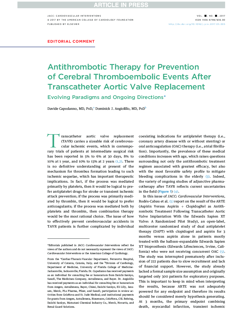 Antithrombotic Therapy for Prevention ofÂ Cerebral Thromboembolic Events After Transcatheter Aortic Valve Replacement