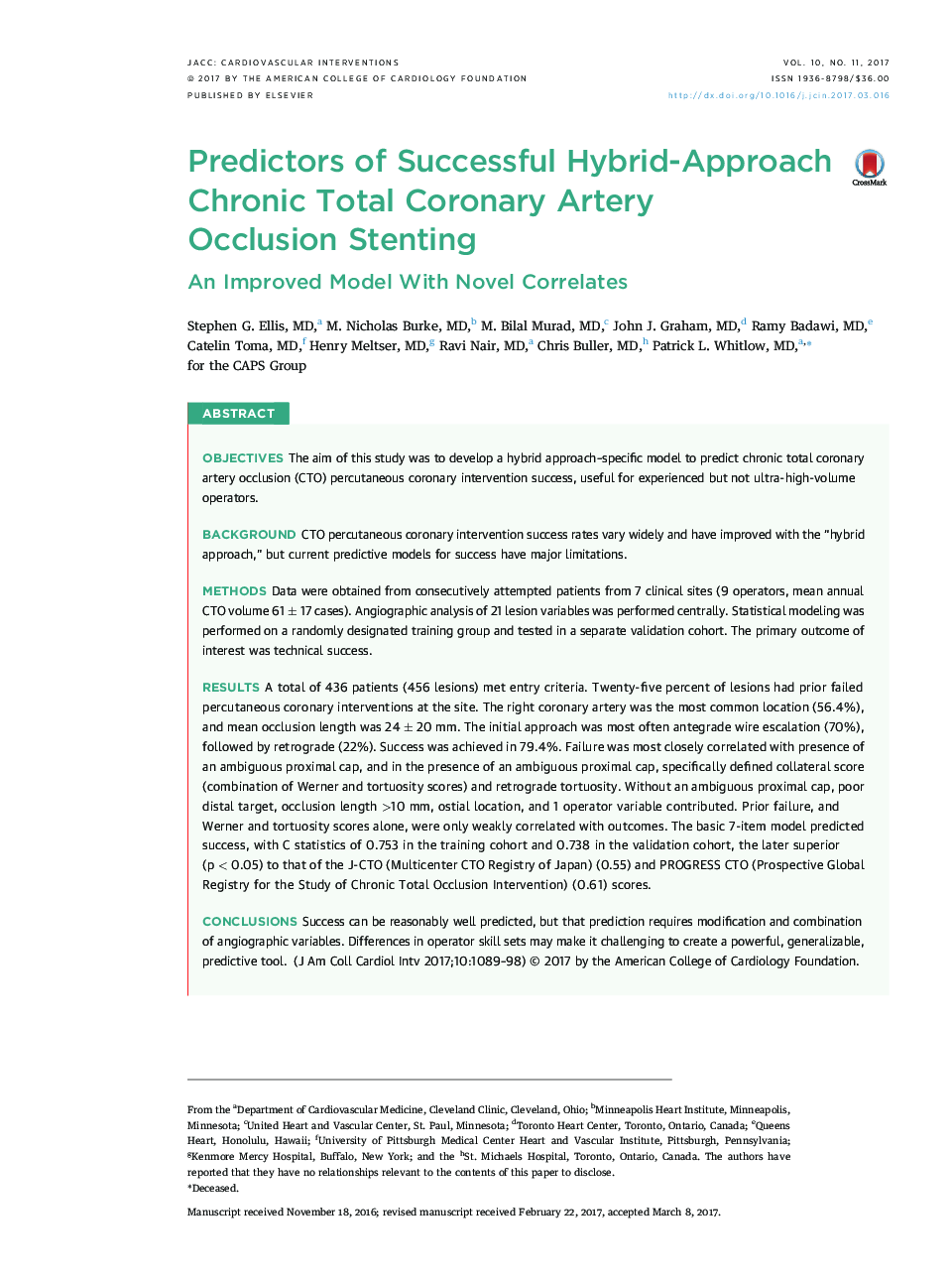 Predictors of Successful Hybrid-Approach Chronic Total Coronary Artery OcclusionÂ Stenting