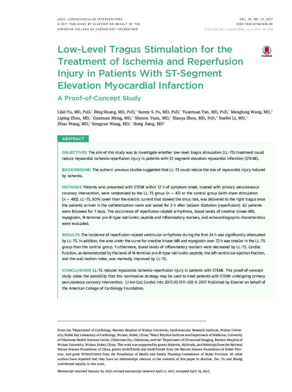 Low-Level Tragus Stimulation for the Treatment of Ischemia and Reperfusion Injury in Patients With ST-Segment Elevation Myocardial Infarction