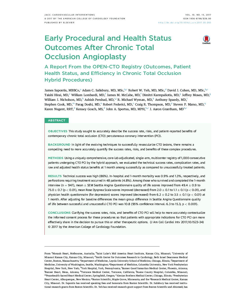 Early Procedural and Health Status Outcomes After Chronic Total OcclusionÂ Angioplasty