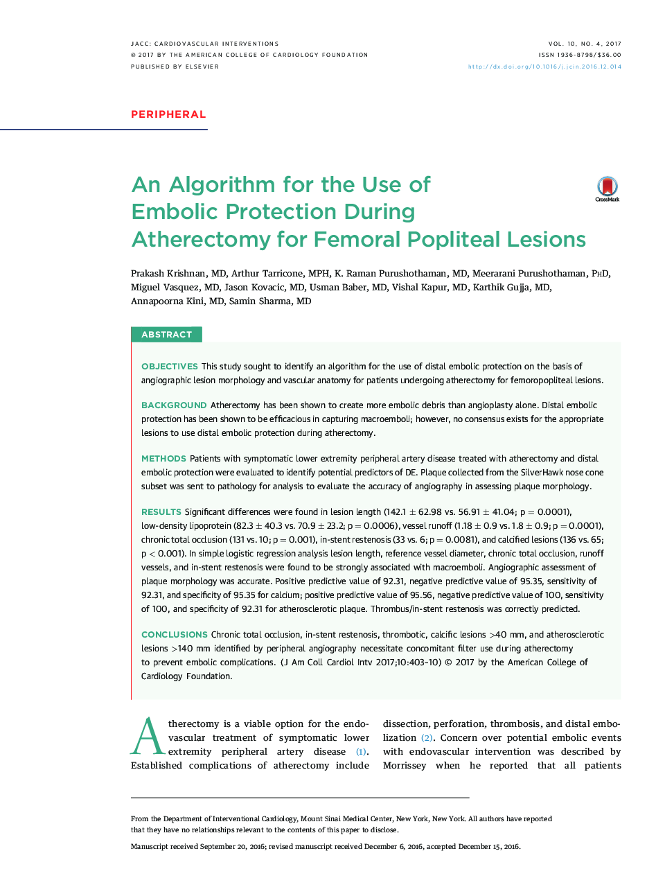 An Algorithm for the Use of EmbolicÂ Protection During AtherectomyÂ for Femoral PoplitealÂ Lesions