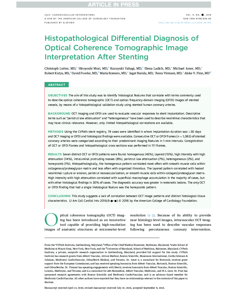 Histopathological Differential Diagnosis ofÂ Optical Coherence Tomographic ImageÂ Interpretation After Stenting