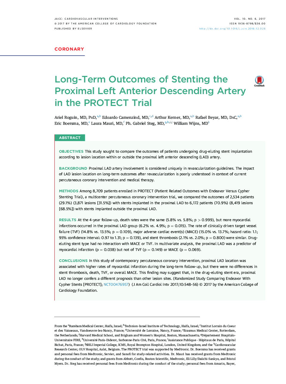 Long-Term Outcomes of Stenting the Proximal Left Anterior Descending Artery inÂ the PROTECT Trial