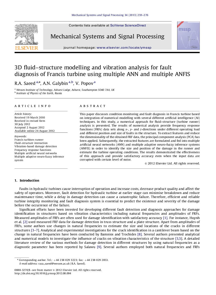 3D fluid–structure modelling and vibration analysis for fault diagnosis of Francis turbine using multiple ANN and multiple ANFIS