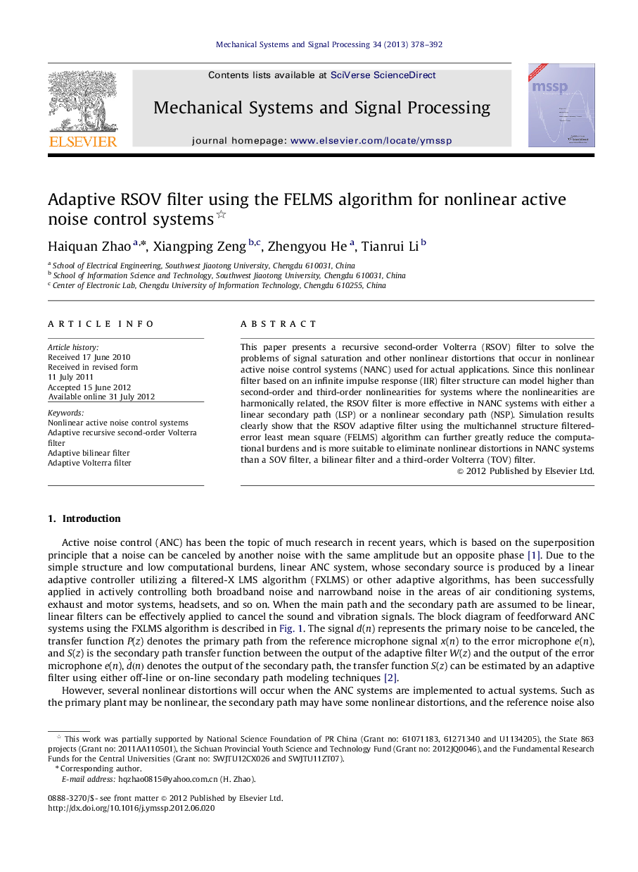 Adaptive RSOV filter using the FELMS algorithm for nonlinear active noise control systems 