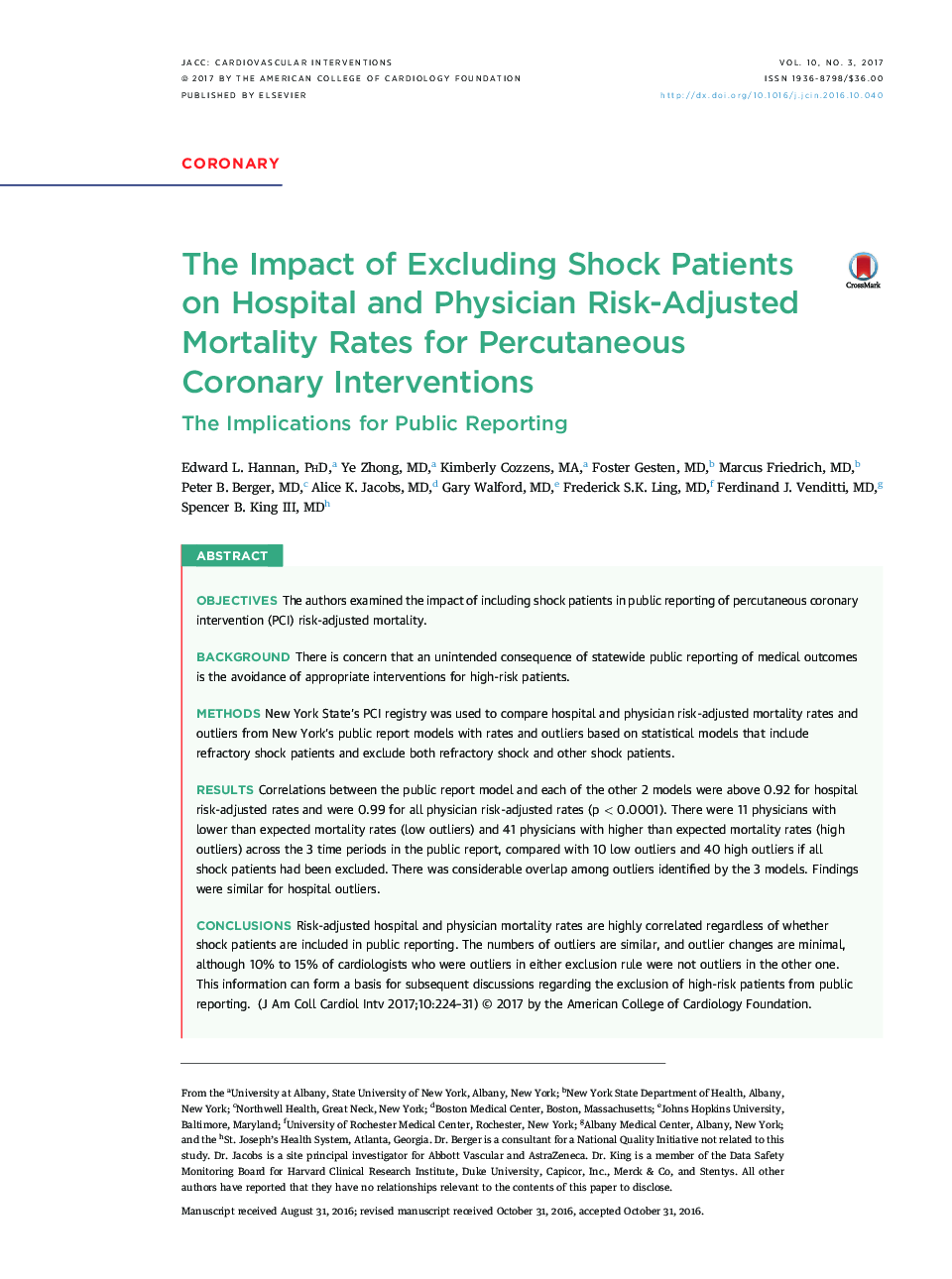 The Impact of Excluding Shock Patients onÂ Hospital and Physician Risk-Adjusted Mortality Rates for Percutaneous CoronaryÂ Interventions