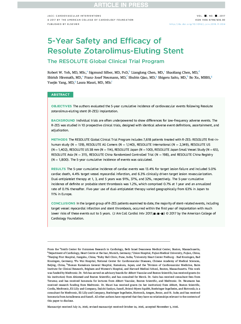 5-Year Safety and Efficacy of ResoluteÂ Zotarolimus-Eluting Stent