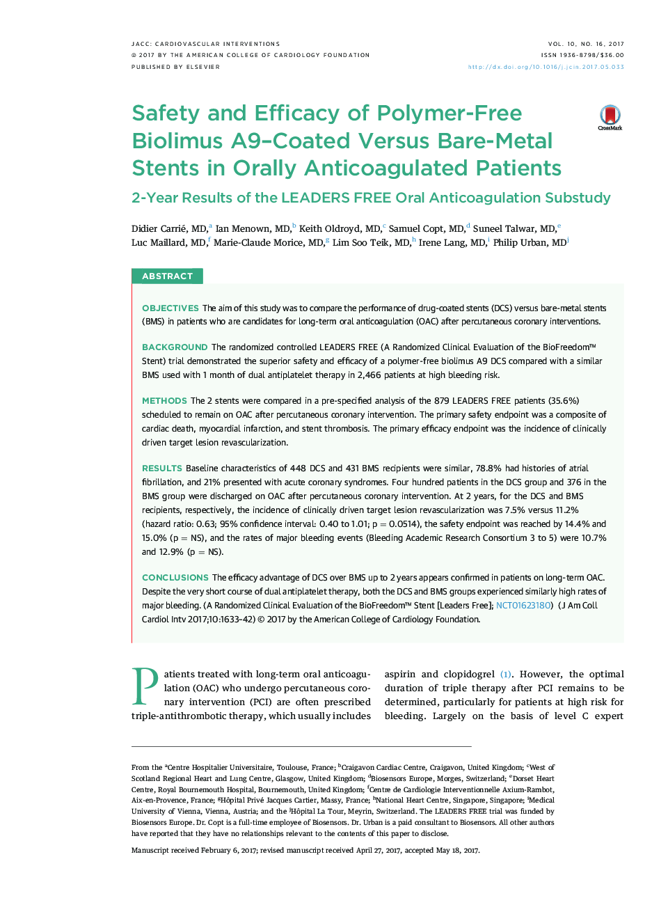 Safety and Efficacy of Polymer-Free Biolimus A9-Coated Versus Bare-Metal Stents in Orally Anticoagulated Patients