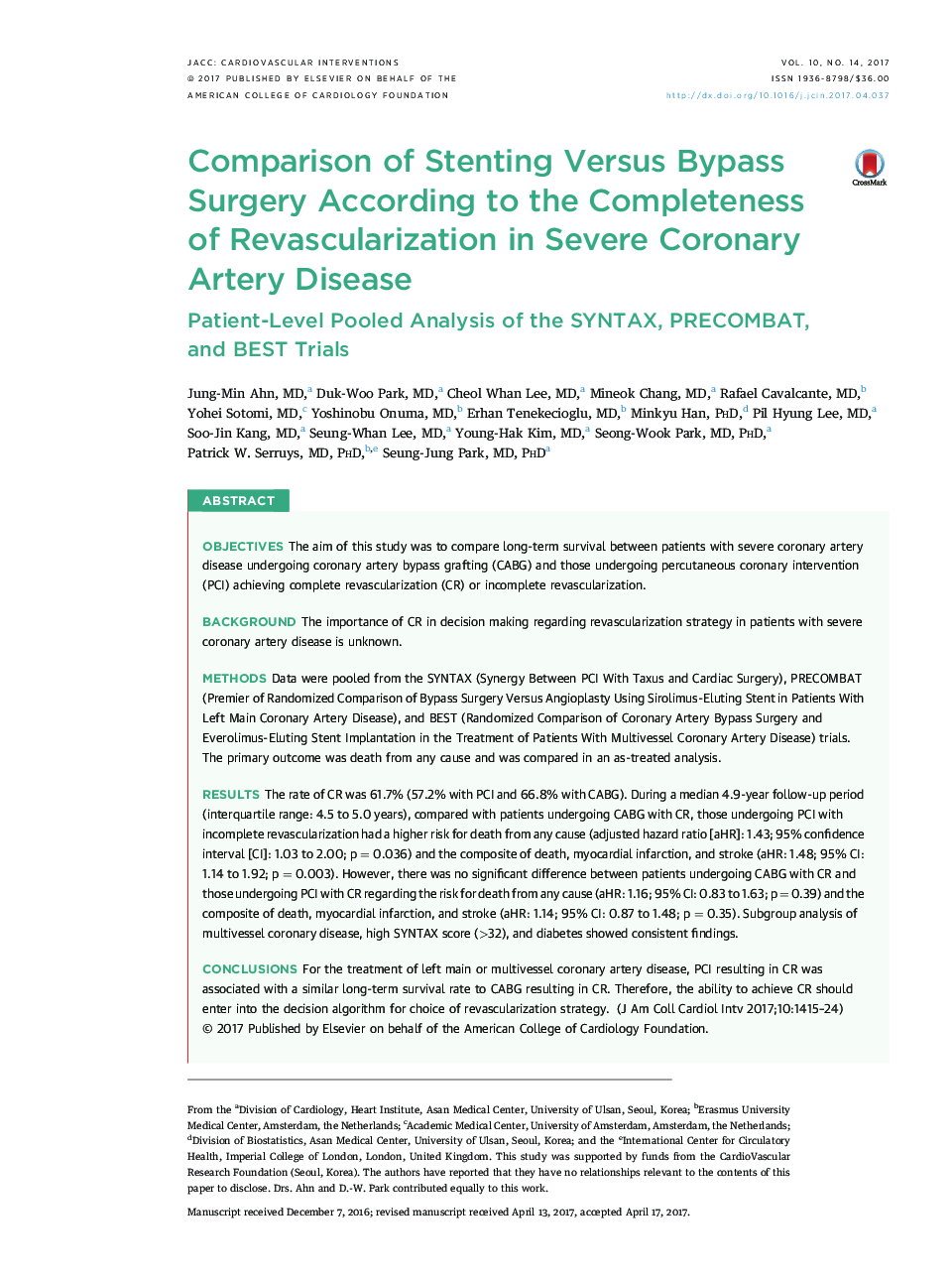 Comparison of Stenting Versus Bypass Surgery According to the Completeness of Revascularization in Severe Coronary Artery Disease