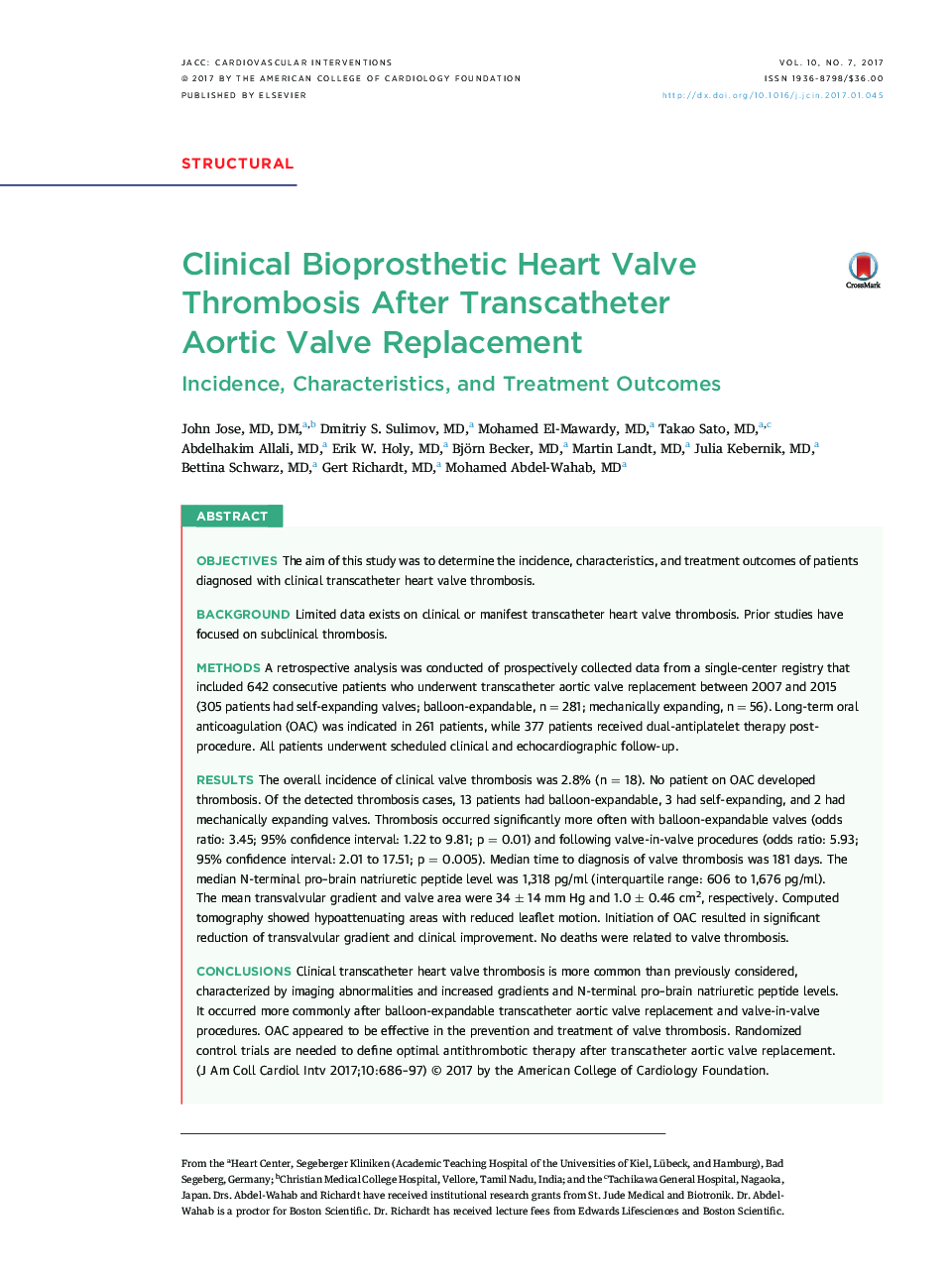 Clinical Bioprosthetic Heart Valve Thrombosis After Transcatheter AorticÂ Valve Replacement