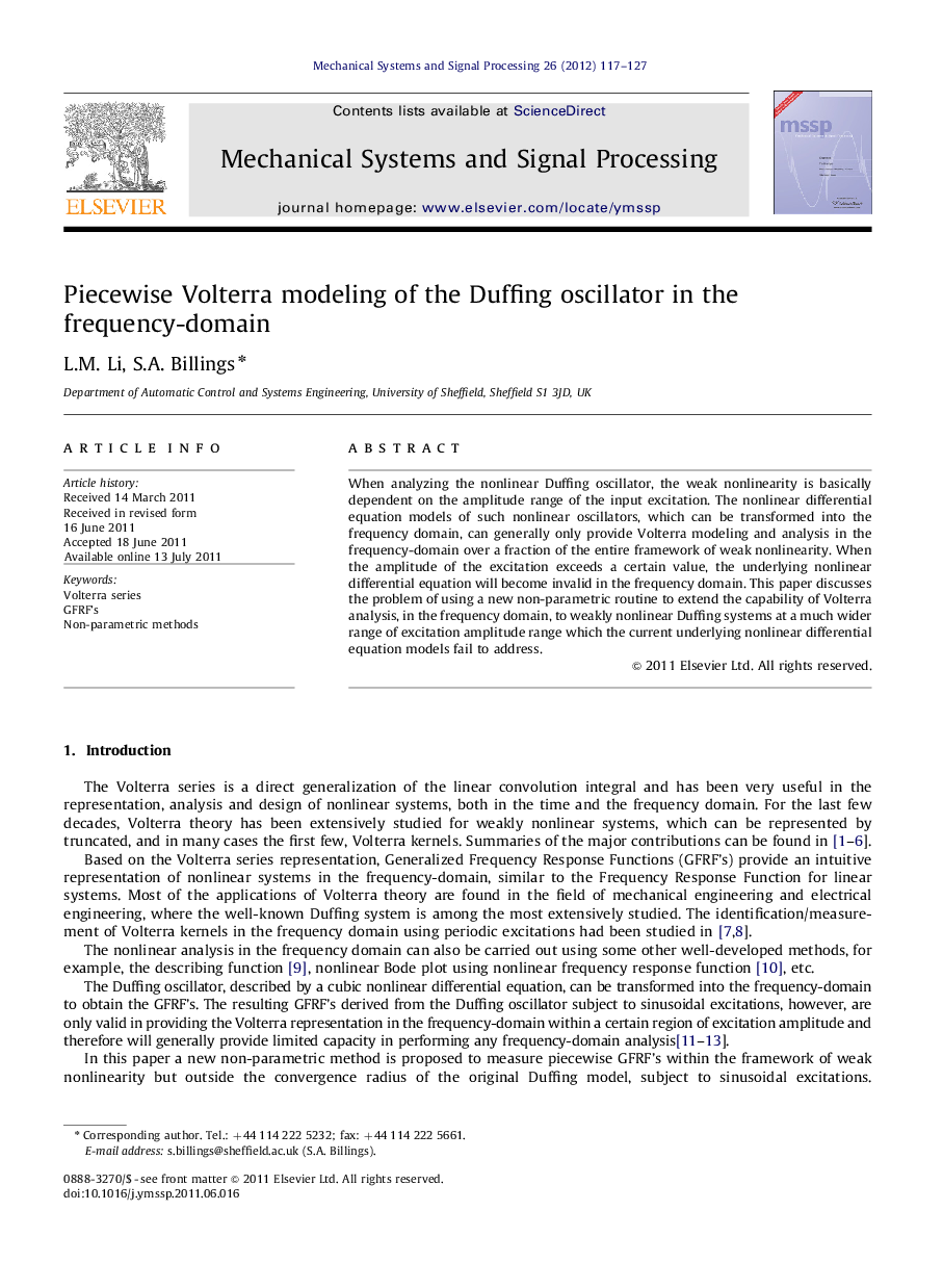 عکس صفحه اول مقاله: Piecewise Volterra modeling of the Duffing oscillator in the frequency-domain Piecewise Volterra modeling of the Duffing oscillator in the frequency-domain