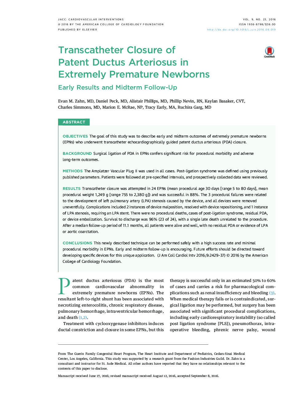 Transcatheter Closure of PatentÂ DuctusÂ Arteriosus in ExtremelyÂ PrematureÂ Newborns