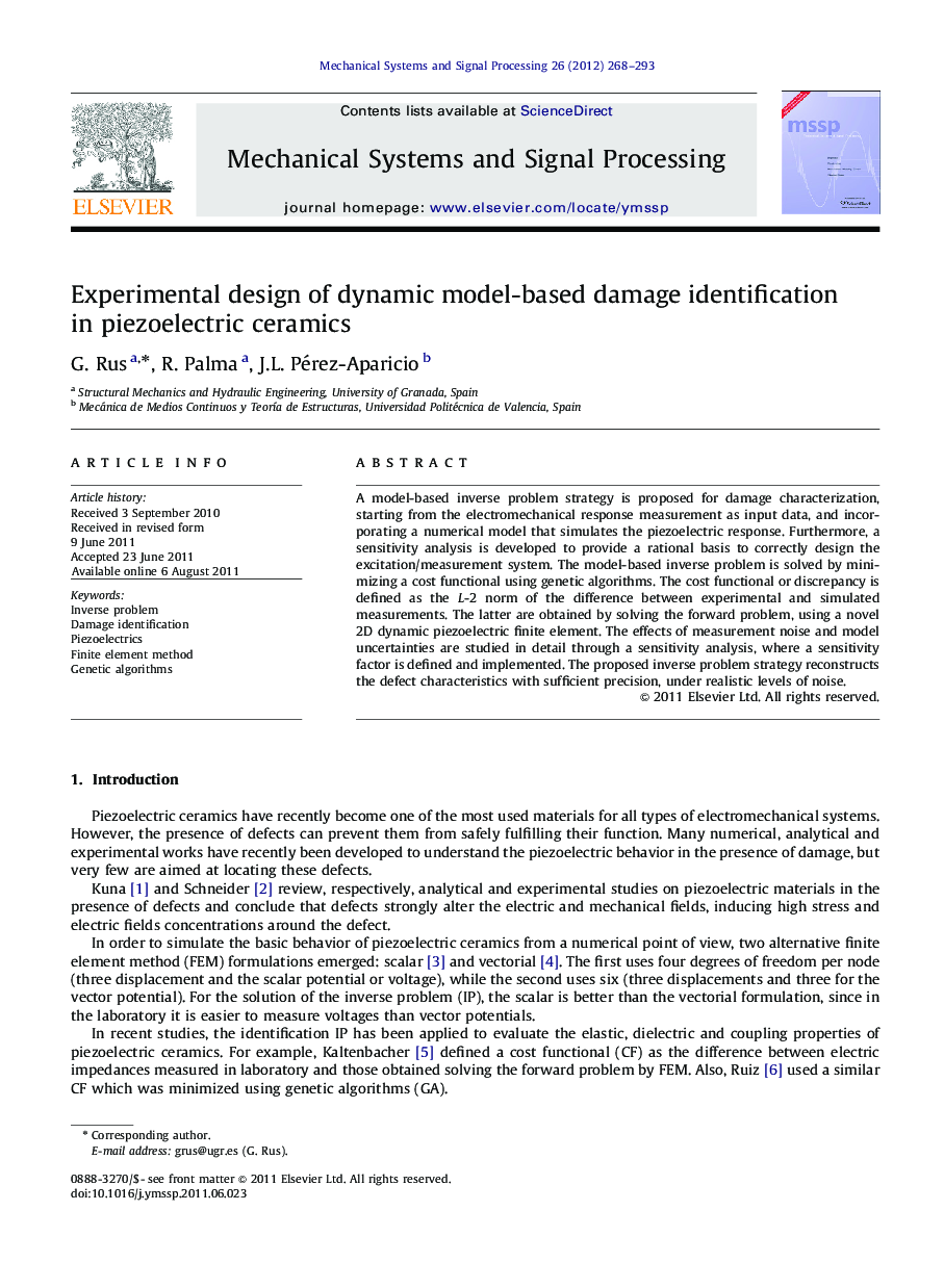 Experimental design of dynamic model-based damage identification in piezoelectric ceramics