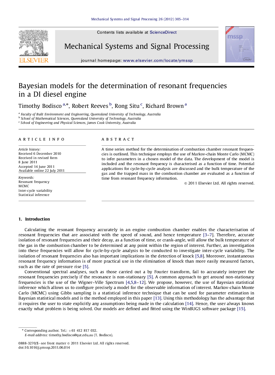 Bayesian models for the determination of resonant frequencies in a DI diesel engine