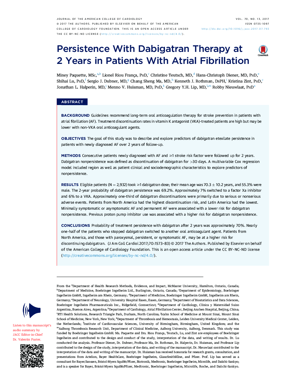 Persistence With Dabigatran Therapy at 2Â Years in Patients With Atrial Fibrillation