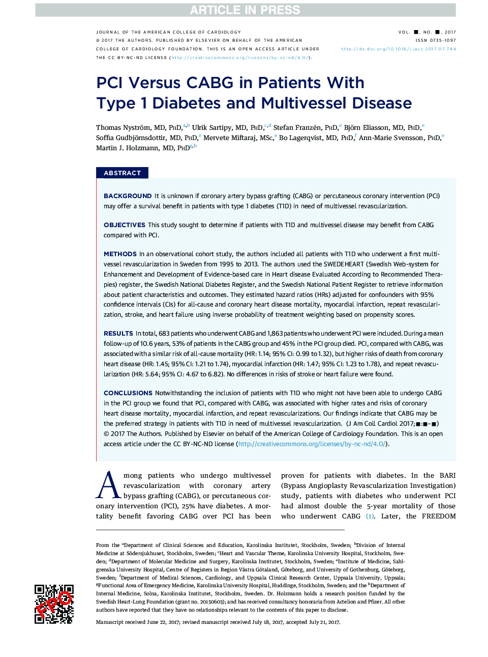 PCI Versus CABG in Patients With TypeÂ 1Â DiabetesÂ and Multivessel Disease