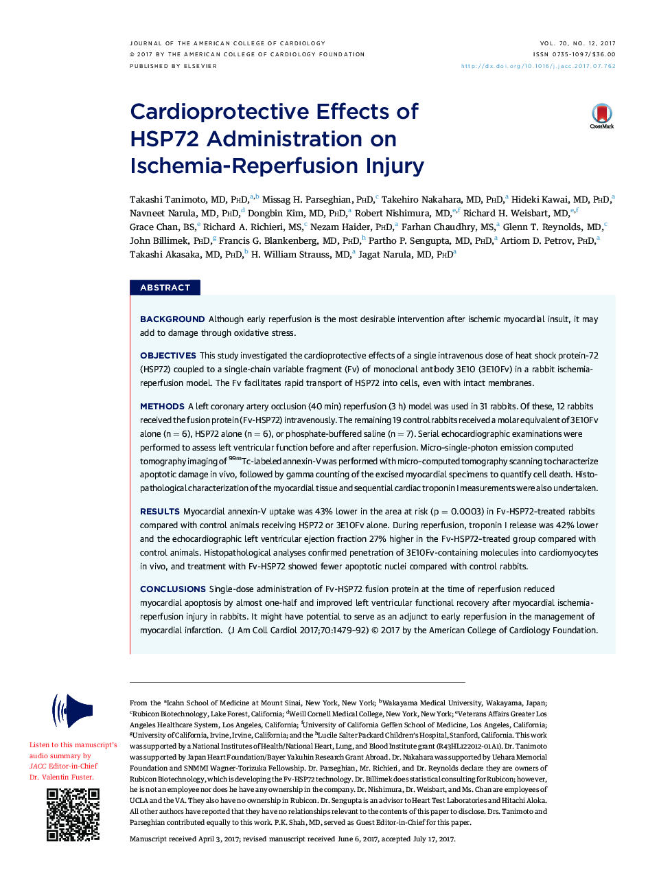 Cardioprotective Effects of HSP72Â Administration on Ischemia-Reperfusion Injury