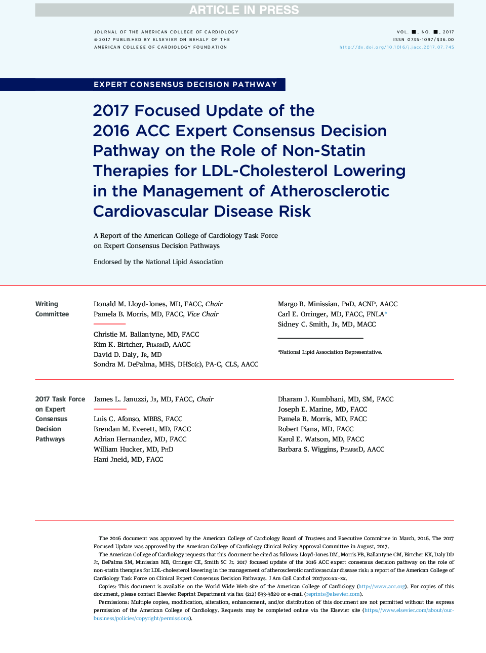 2017 Focused Update of the 2016Â ACCÂ Expert Consensus Decision Pathway on the Role of Non-Statin Therapies for LDL-Cholesterol Lowering inÂ the Management of Atherosclerotic Cardiovascular Disease Risk