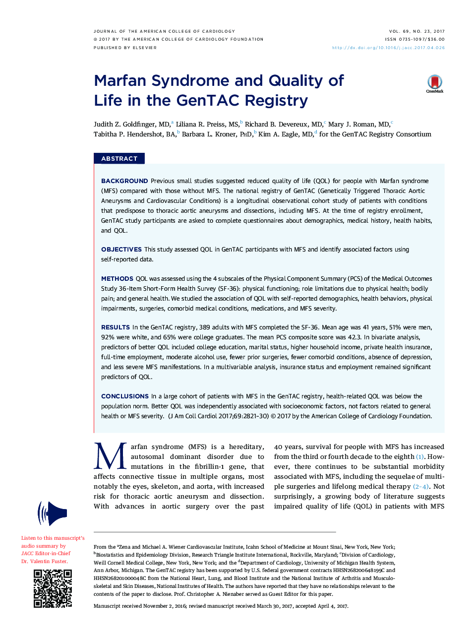 Marfan Syndrome and Quality of Life in the GenTAC Registry