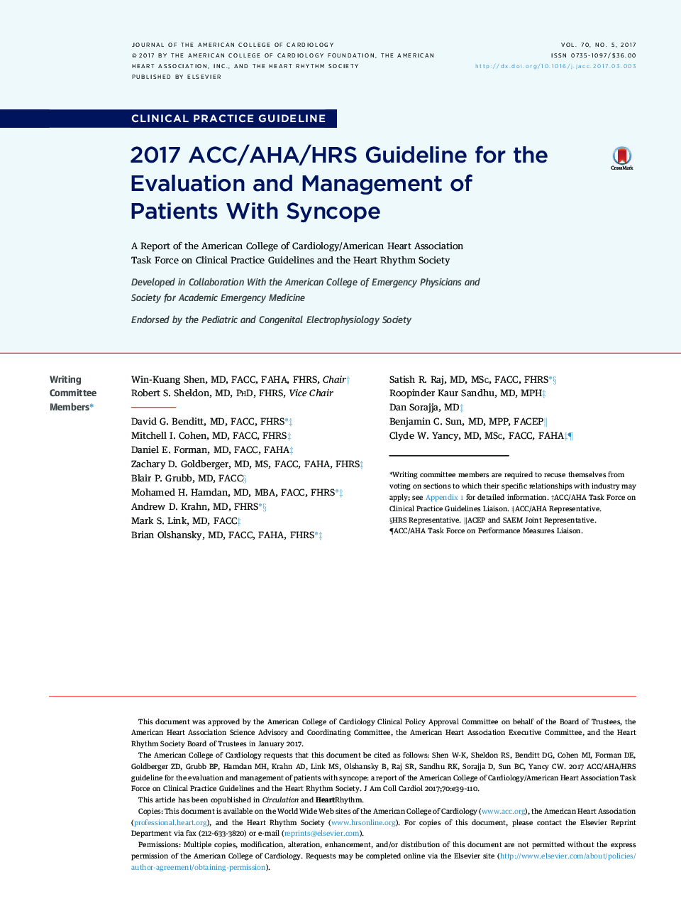 2017 ACC/AHA/HRS Guideline for the Evaluation and Management of Patients With Syncope