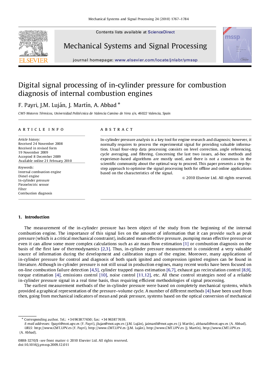 Digital signal processing of in-cylinder pressure for combustion diagnosis of internal combustion engines