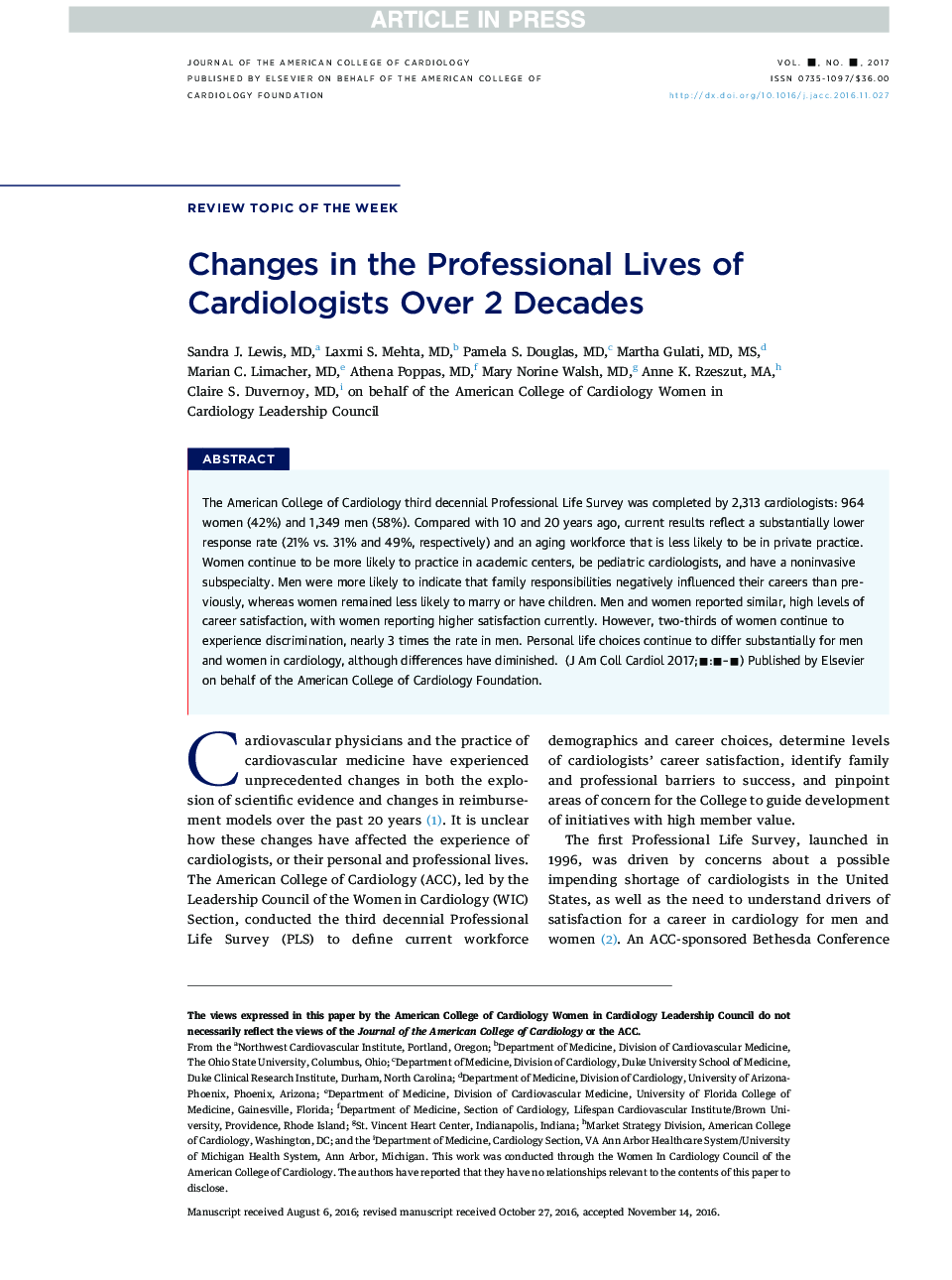 Changes in the Professional Lives of Cardiologists Over 2 Decades
