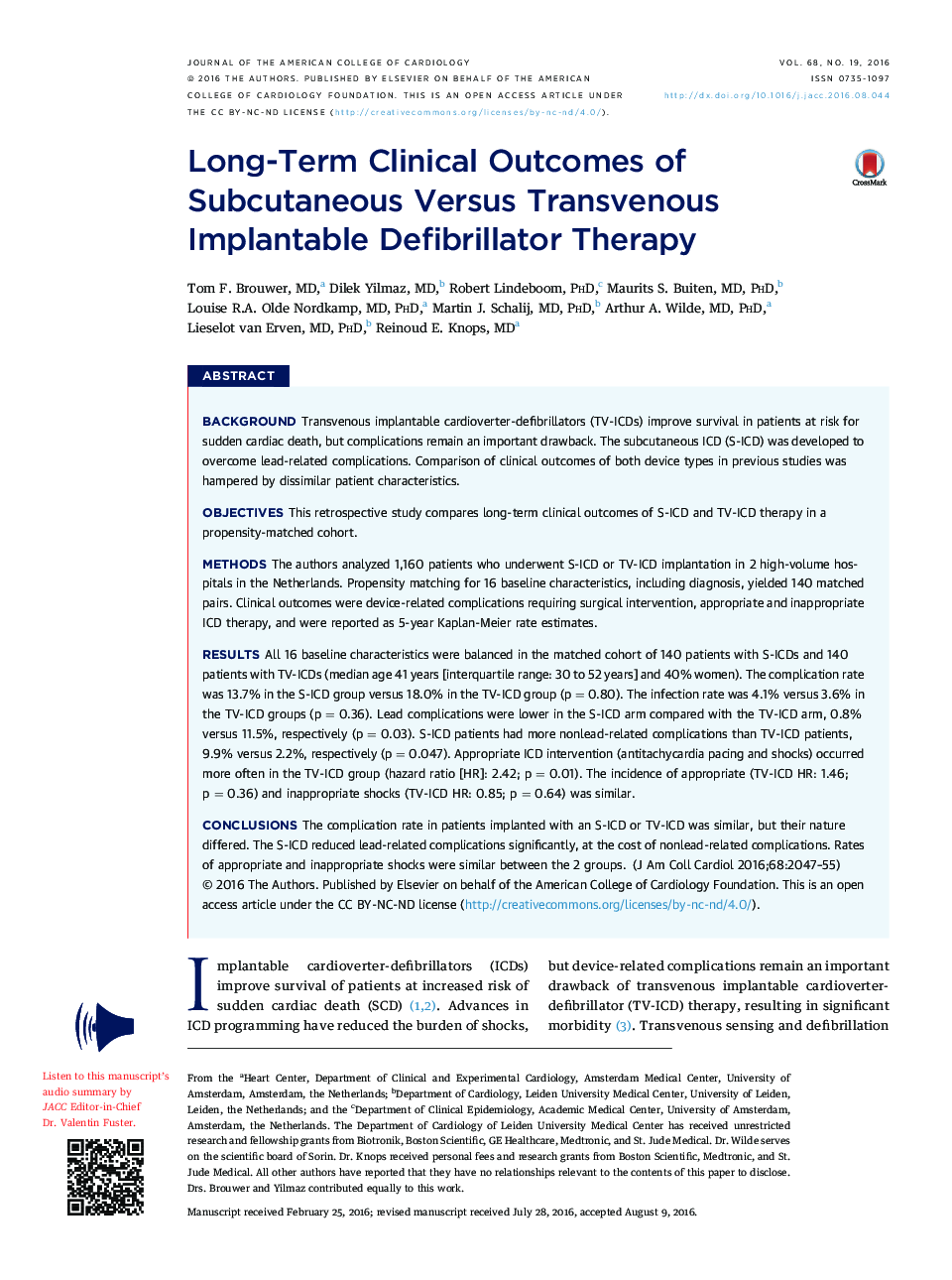 Long-Term Clinical Outcomes of Subcutaneous Versus Transvenous Implantable Defibrillator Therapy