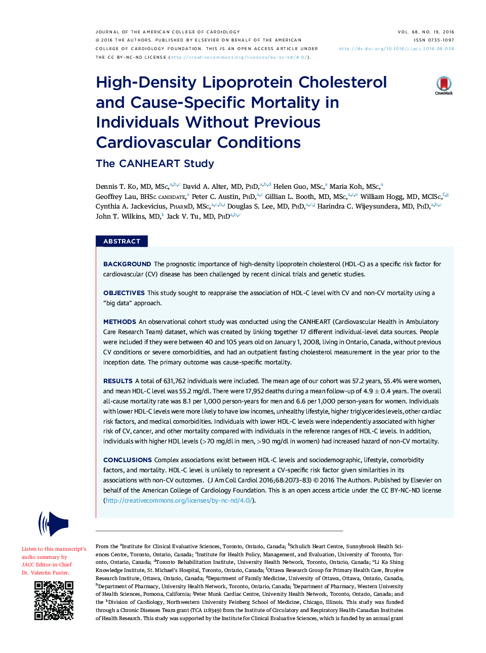 High-Density Lipoprotein Cholesterol andÂ Cause-Specific Mortality in IndividualsÂ Without Previous Cardiovascular Conditions