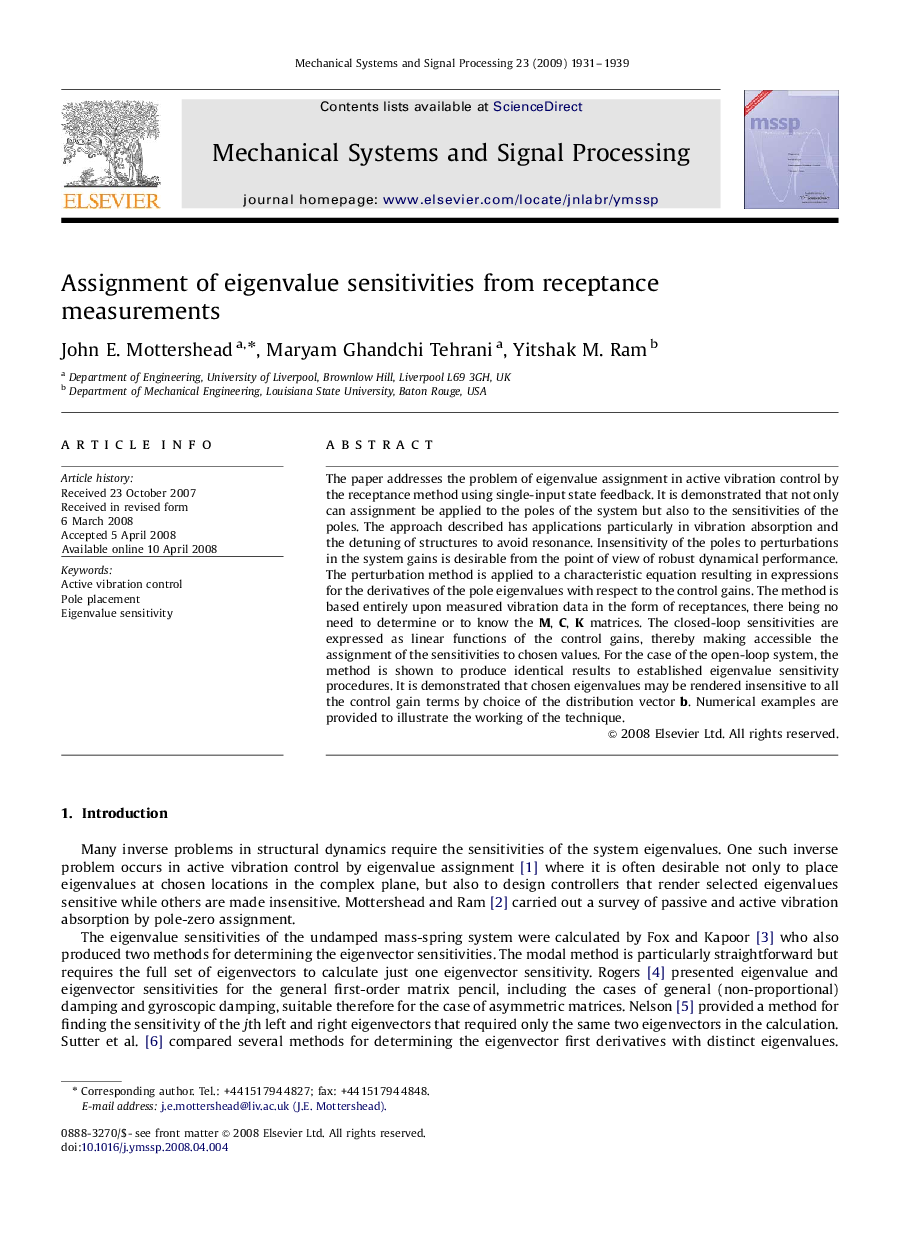 Assignment of eigenvalue sensitivities from receptance measurements