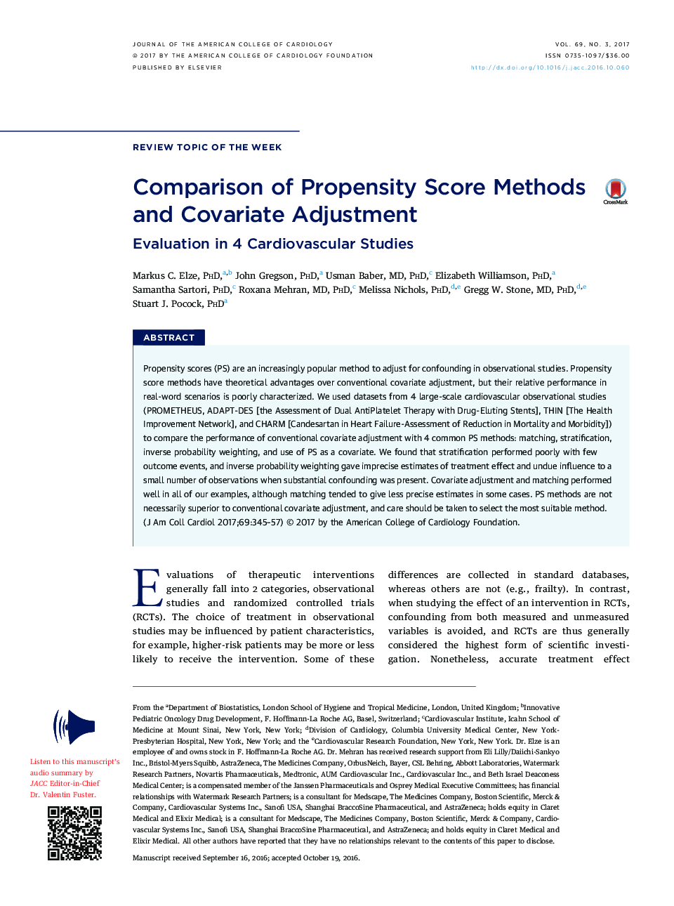 Comparison of Propensity Score Methods and Covariate Adjustment