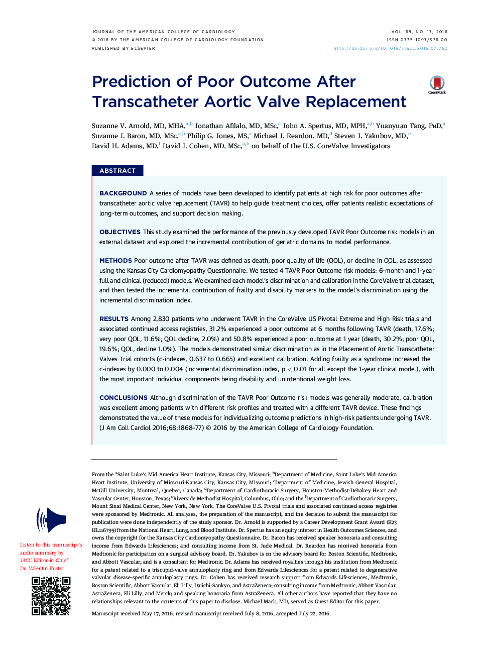 Prediction of Poor Outcome After Transcatheter Aortic Valve Replacement