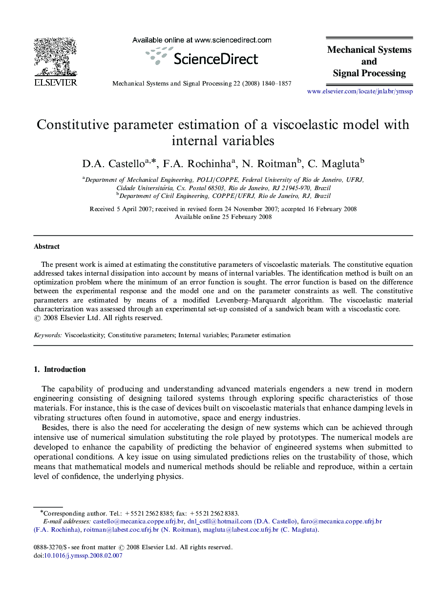 عکس صفحه اول مقاله: Constitutive parameter estimation of a viscoelastic model with internal variables Constitutive parameter estimation of a viscoelastic model with internal variables