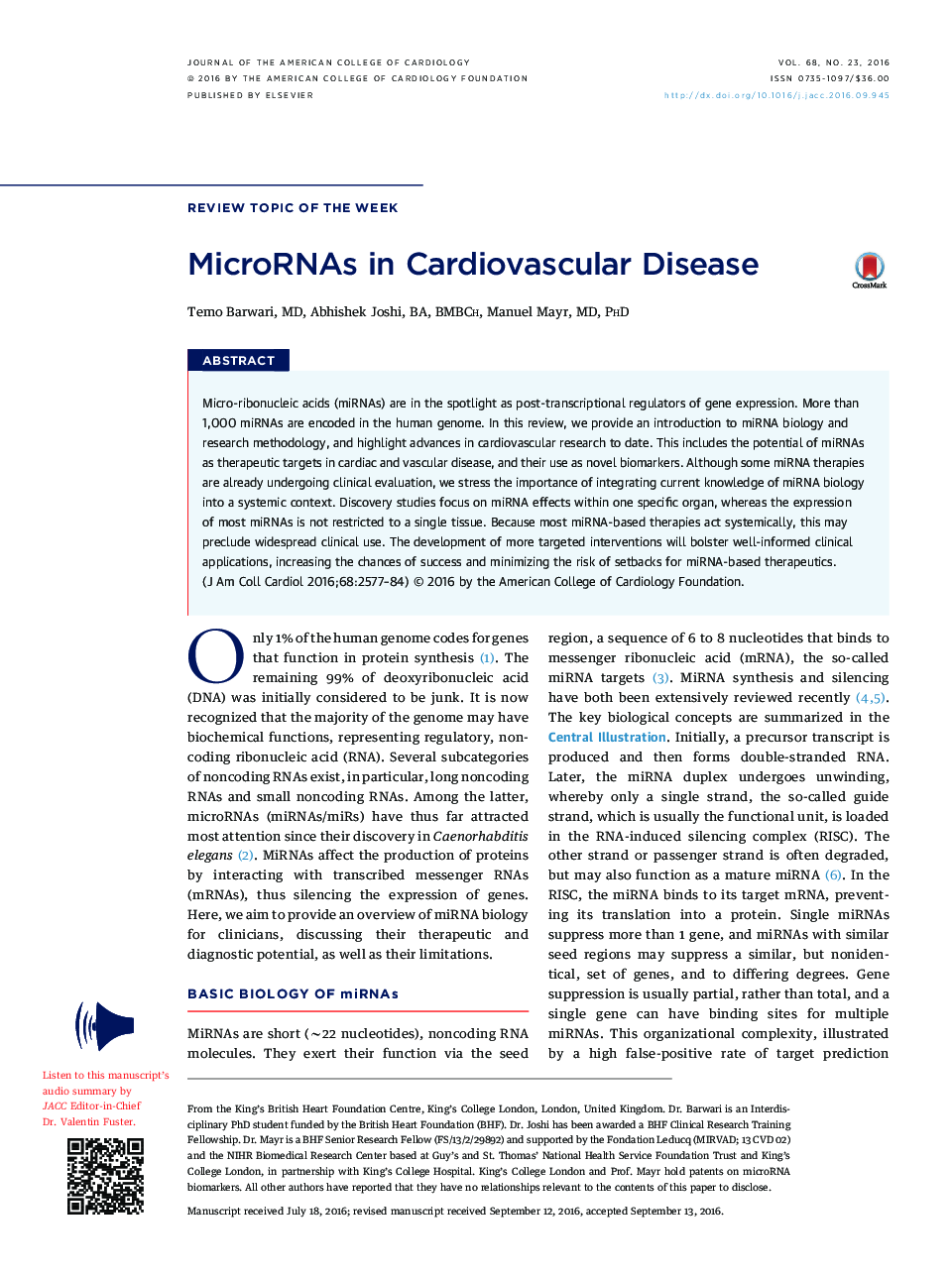 MicroRNAs in Cardiovascular Disease
