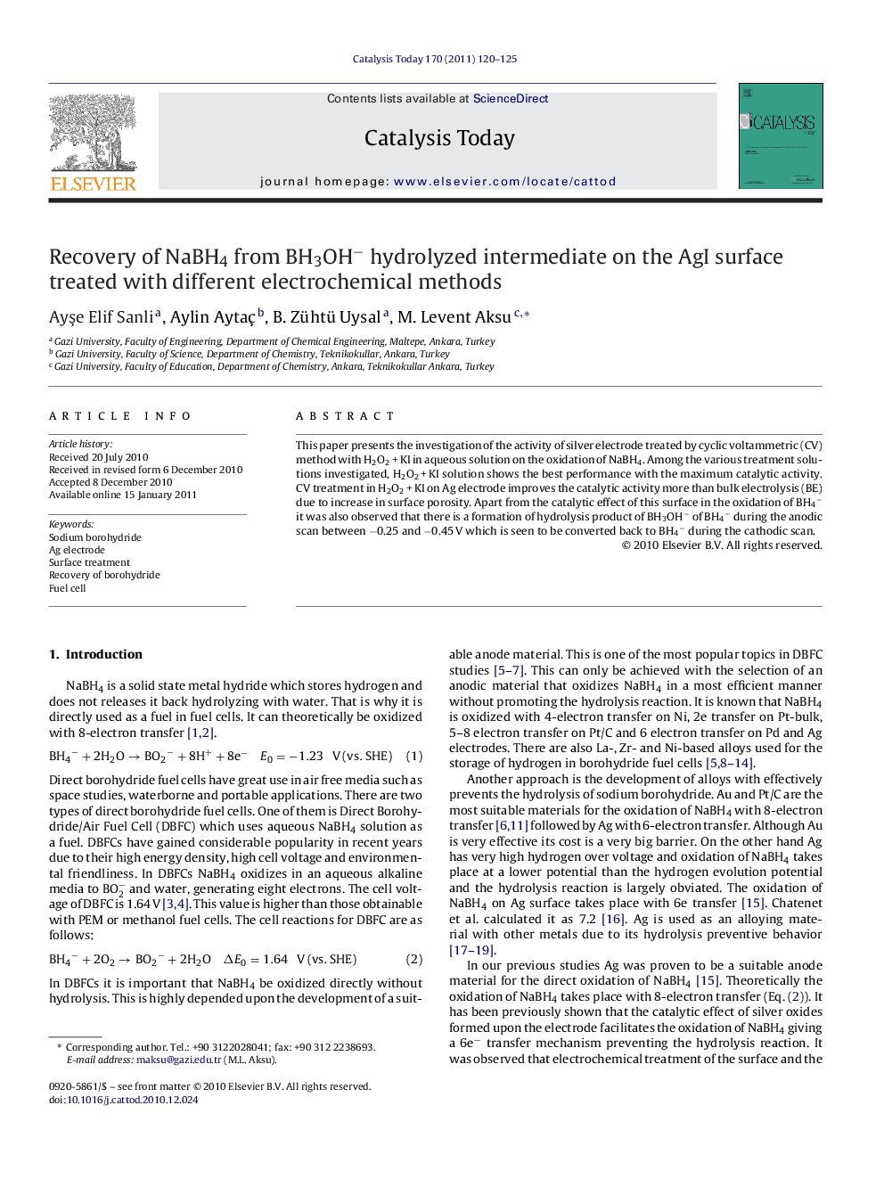 Recovery of NaBH4 from BH3OH− hydrolyzed intermediate on the AgI surface treated with different electrochemical methods