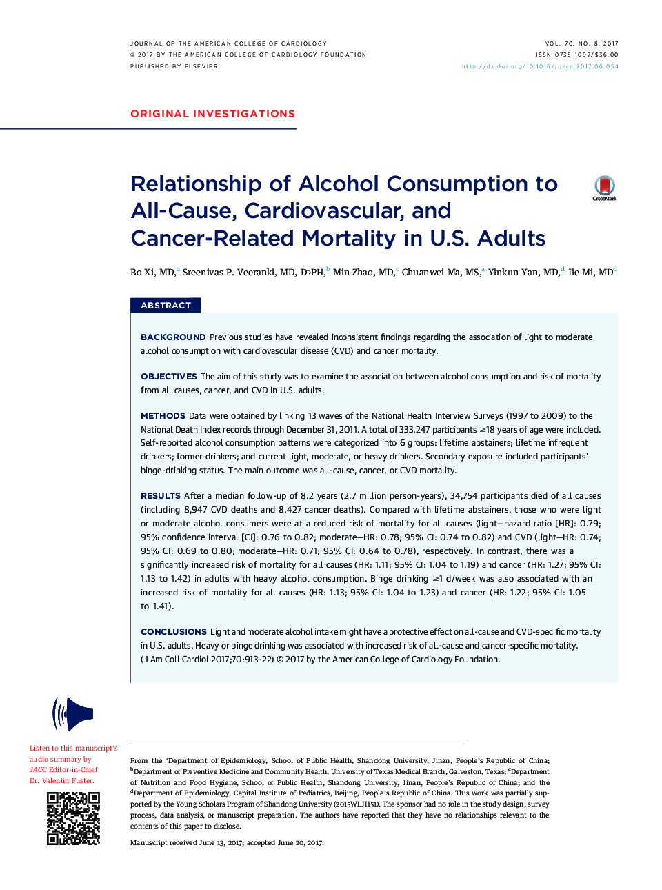 Relationship of Alcohol Consumption to All-Cause, Cardiovascular, and Cancer-Related Mortality in U.S. Adults