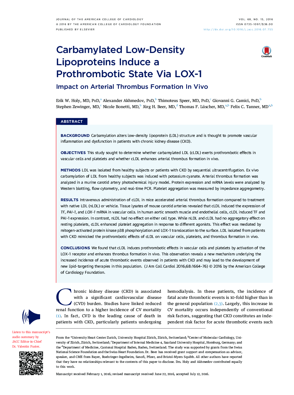 Carbamylated Low-Density LipoproteinsÂ Induce a ProthromboticÂ StateÂ Via LOX-1