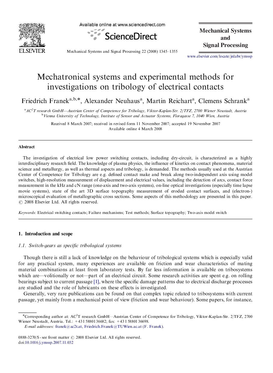 Mechatronical systems and experimental methods for investigations on tribology of electrical contacts