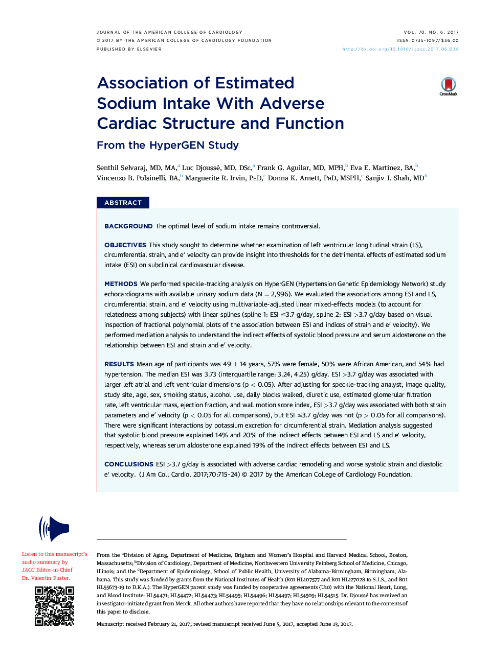 Association of Estimated SodiumÂ IntakeÂ With Adverse Cardiac Structure andÂ Function